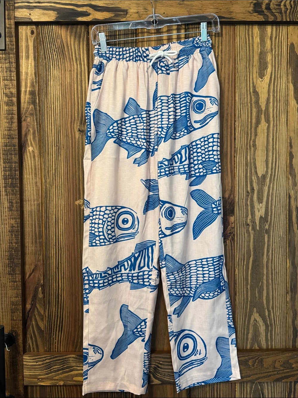 Boutique Blue Fish Print Wide Leg Lounge Pants Size M Coastal Beachy Drawstring